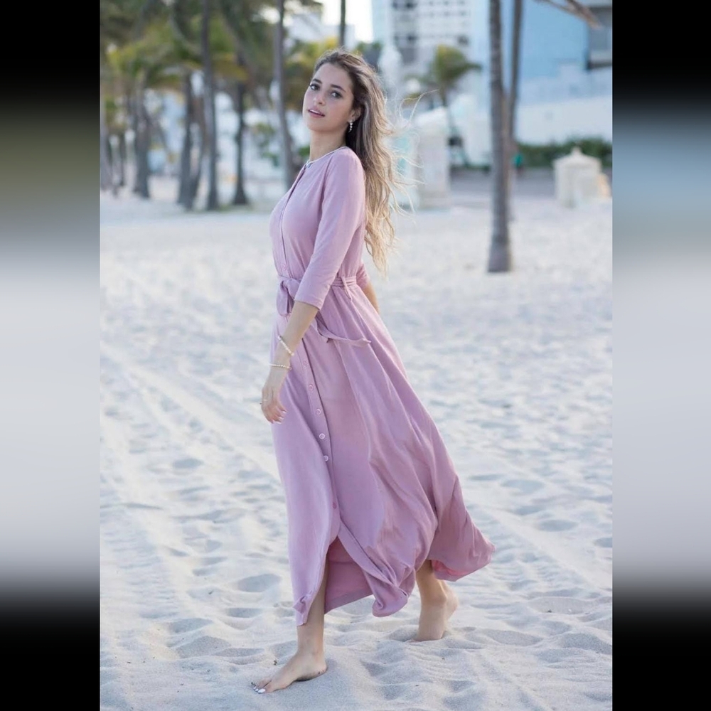 Women's Blush Pink Button-Front Maxi Dress with Tie Waist